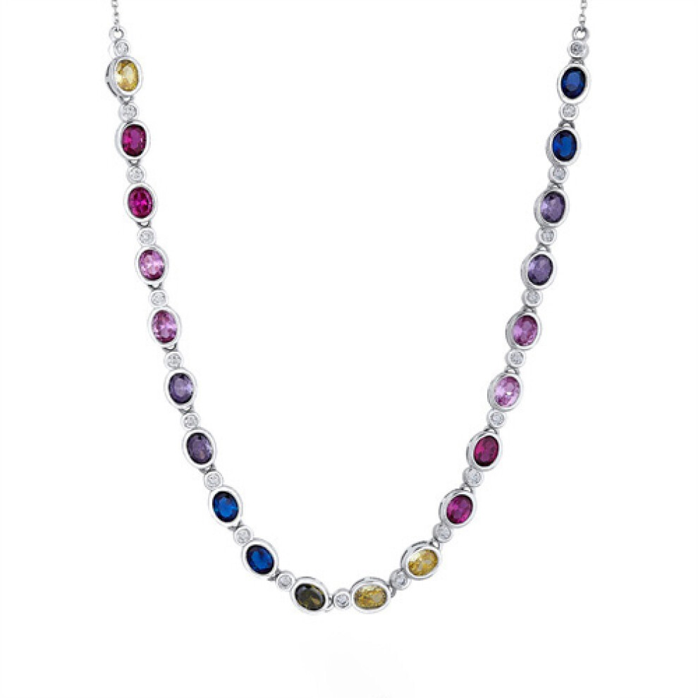 Silver  Rainbow Oval CZ  Bezel Halo Raindrop Tennis Necklace - ABB229-17