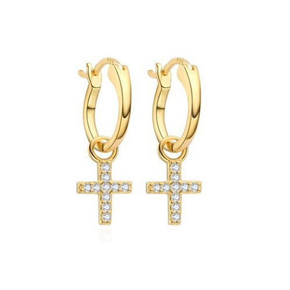 Gold-plated Silver  CZ Cross Charm Huggie Hoop Drop Earrings - AER164