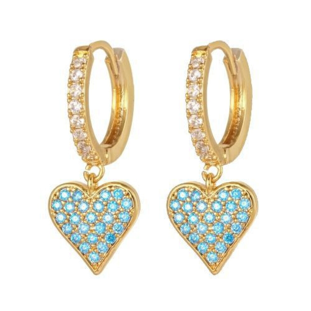 Jewelco London 14k Gold-plated Silver Light Blue CZ Pastel Pave Love Heart Hanging Huggie Hoop Drop Earrings - AER161