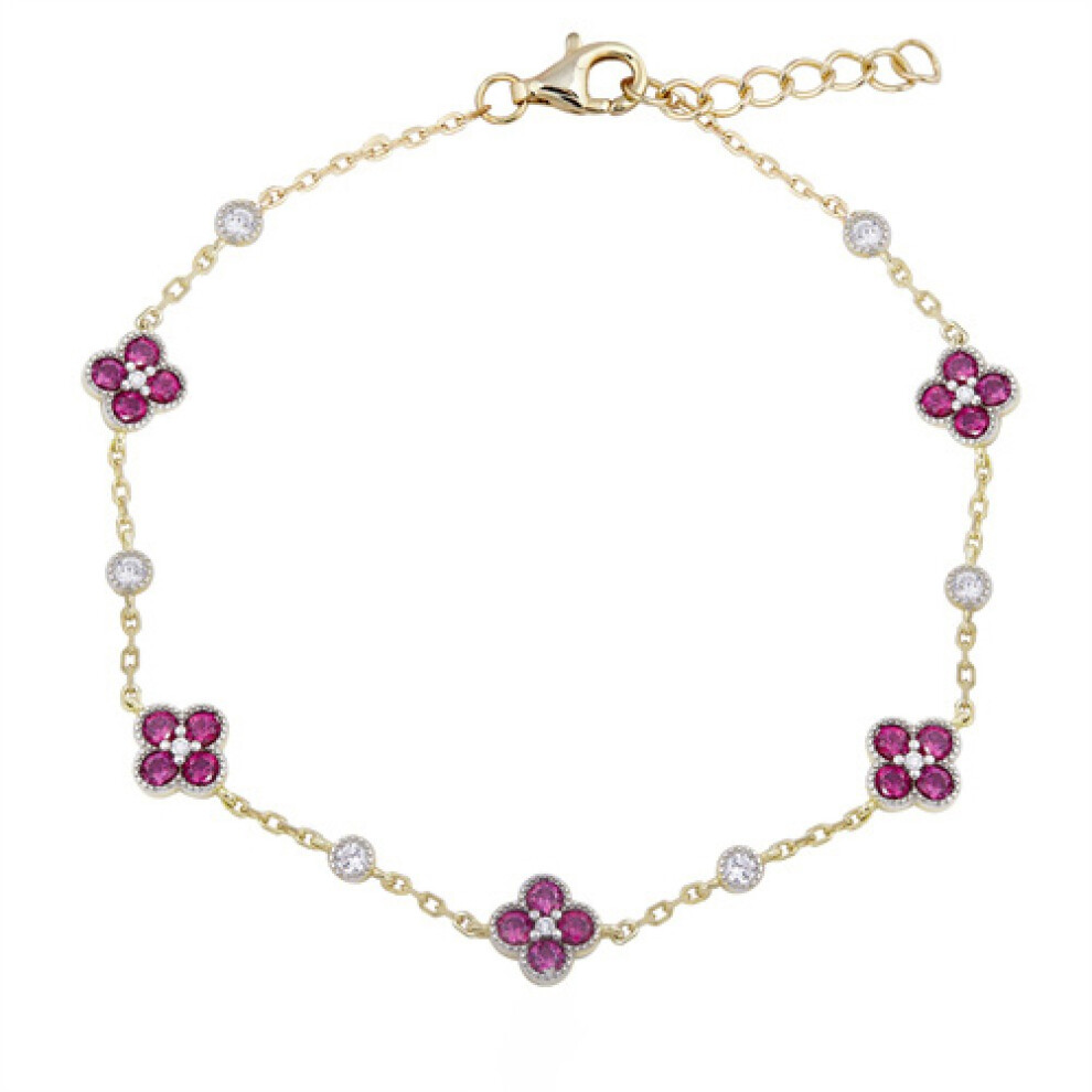 Jewelco London 14k Gold-plated Silver Red Round Brilliant CZ Bead Edge Lucky Charm Station Bracelet - ABB225R