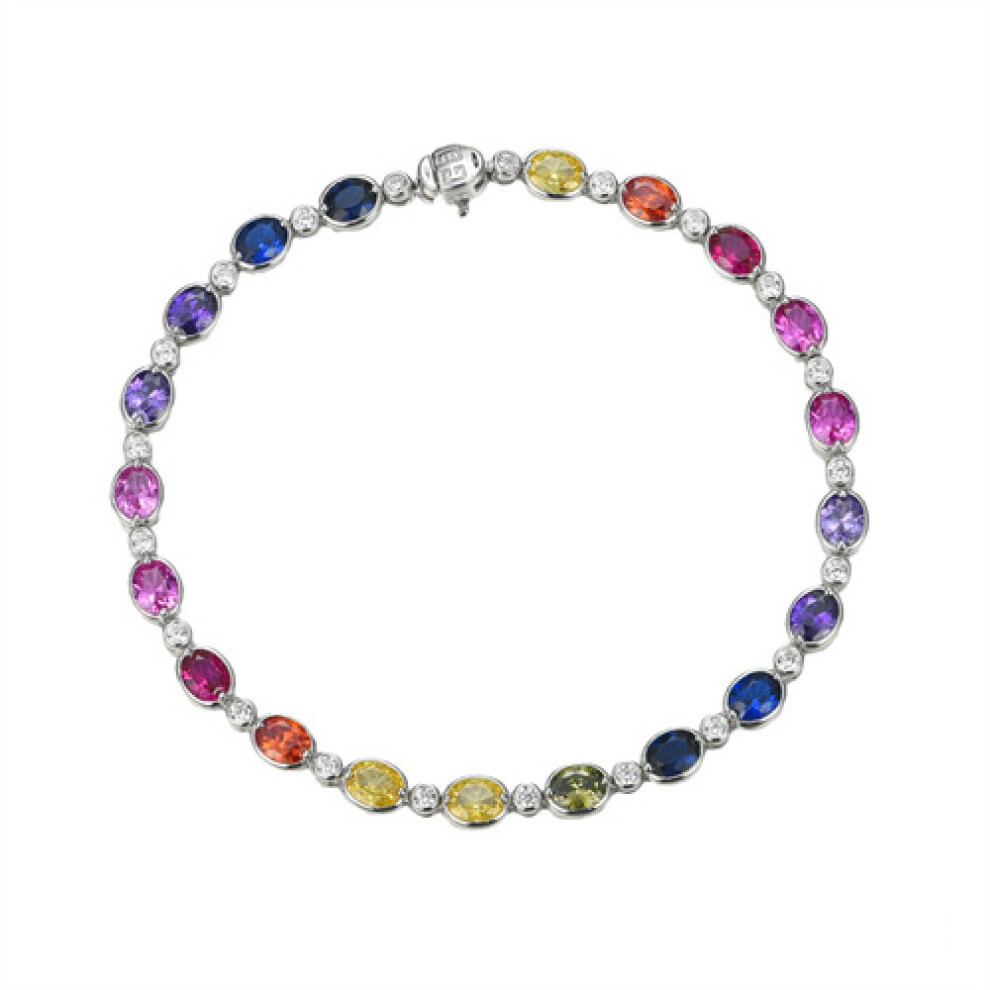 Jewelco London Rhodium Silver Rainbow Oval CZ Alternating Bezel Halo Raindrop Tennis Bracelet - ABB229-7.5