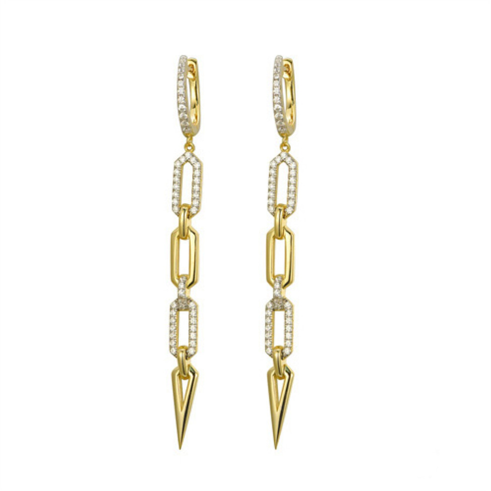 Jewelco London 14k Gold-plated Silver Round CZ Pave Paper Cable Chain Link Torpedo Shoulder Duster Drop Earrings - AER171