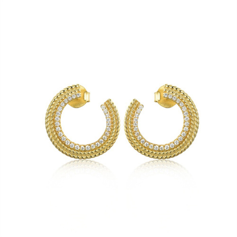 Jewelco London 14k Gold-plated Silver Round CZ Rope Edge Halo Unclosed Enso Circle Stud Earrings - AES236