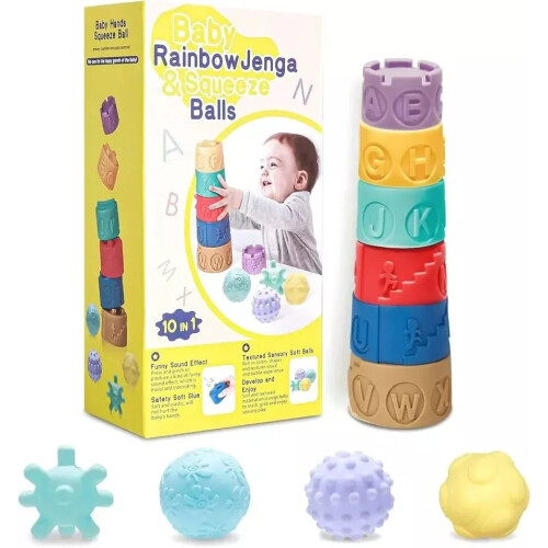 Rainbow Jenga Baby Stacking Blocks and squeeze balls 10 in 1
