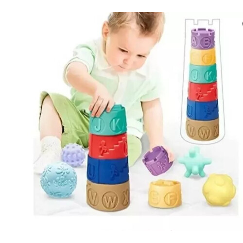 Rainbow Jenga Baby Stacking Blocks and squeeze balls 10 in 1 2