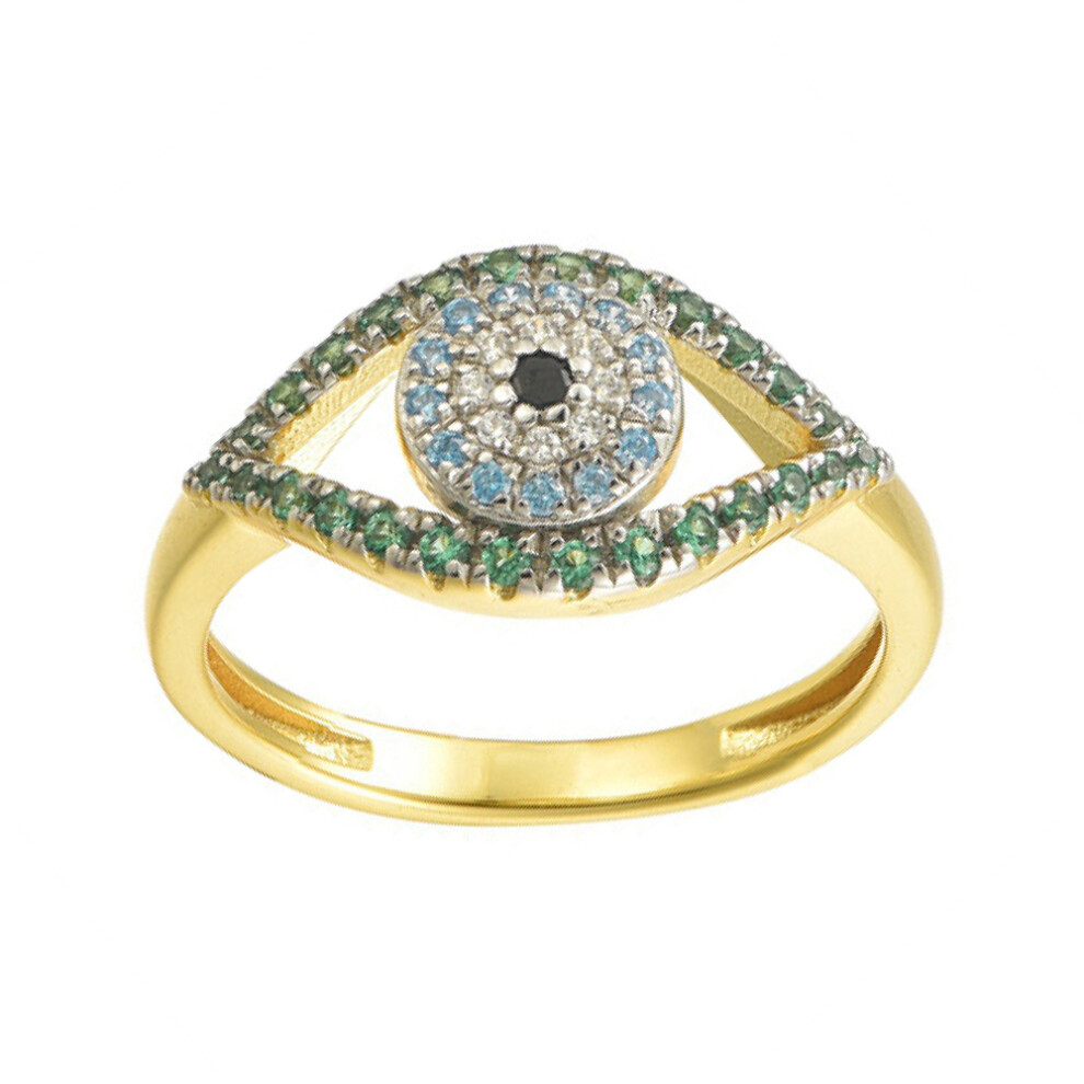 (L) Jewelco London 925 Siver 14ct Gold Plated CZ Set Evil Eye Ring - ARN197