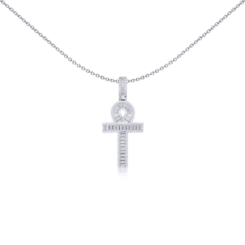 Silver  White Baguette CZ Encrusted Ankh Cross Pendant - APX047