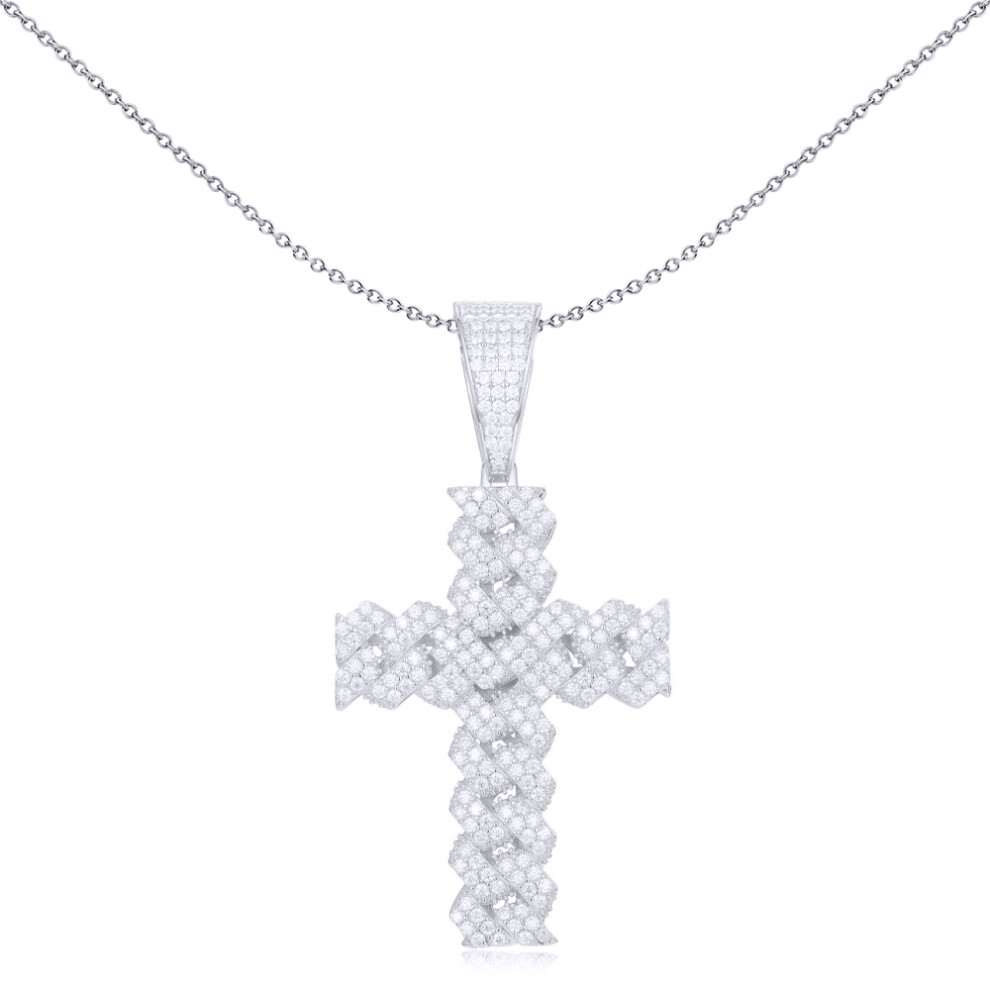 Silver  Round CZ Encrusted Zig Zac Curb Link Cross Pendant - APX049