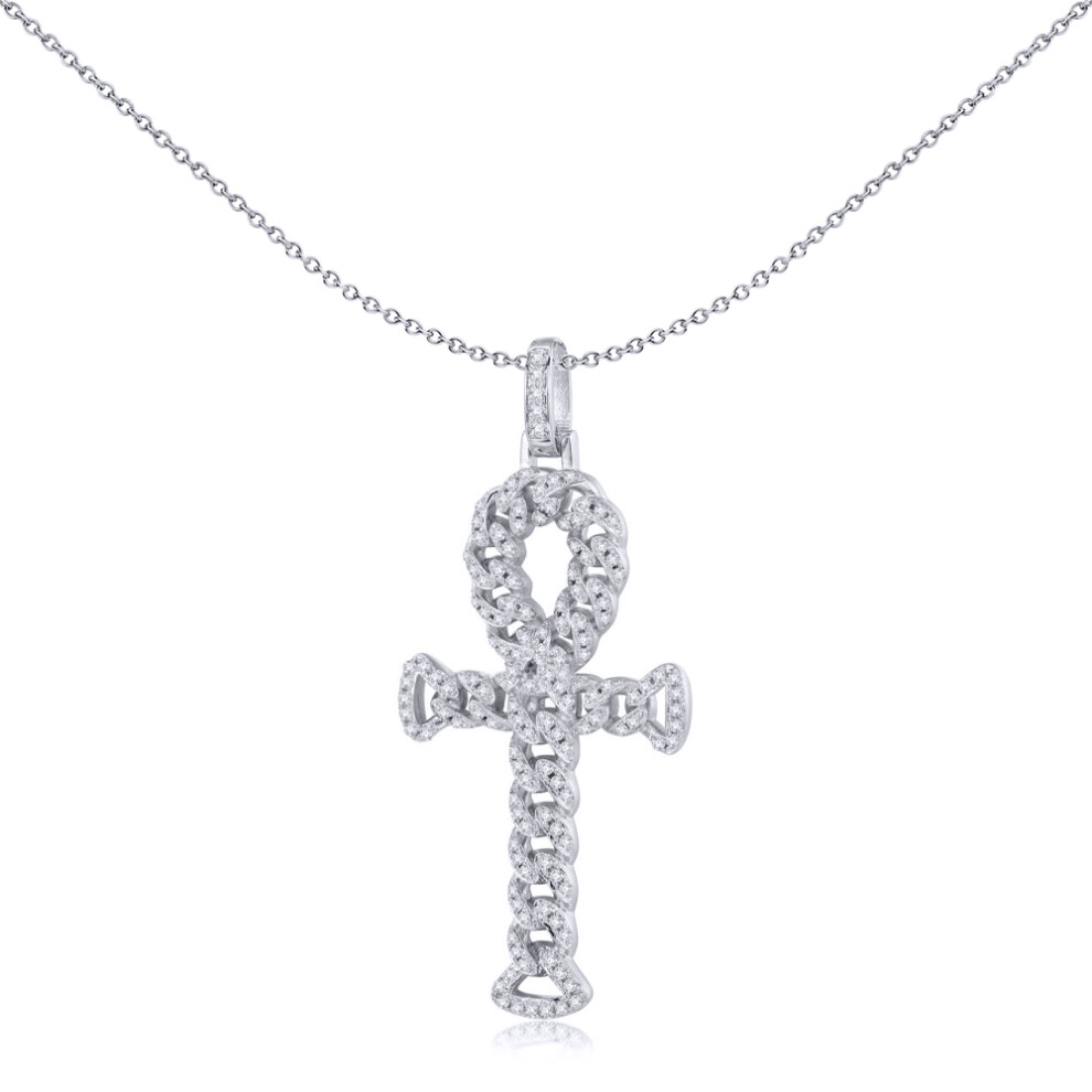 Silver  Round CZ Encrusted Curb Link Ankh Cross Pendant - APX048