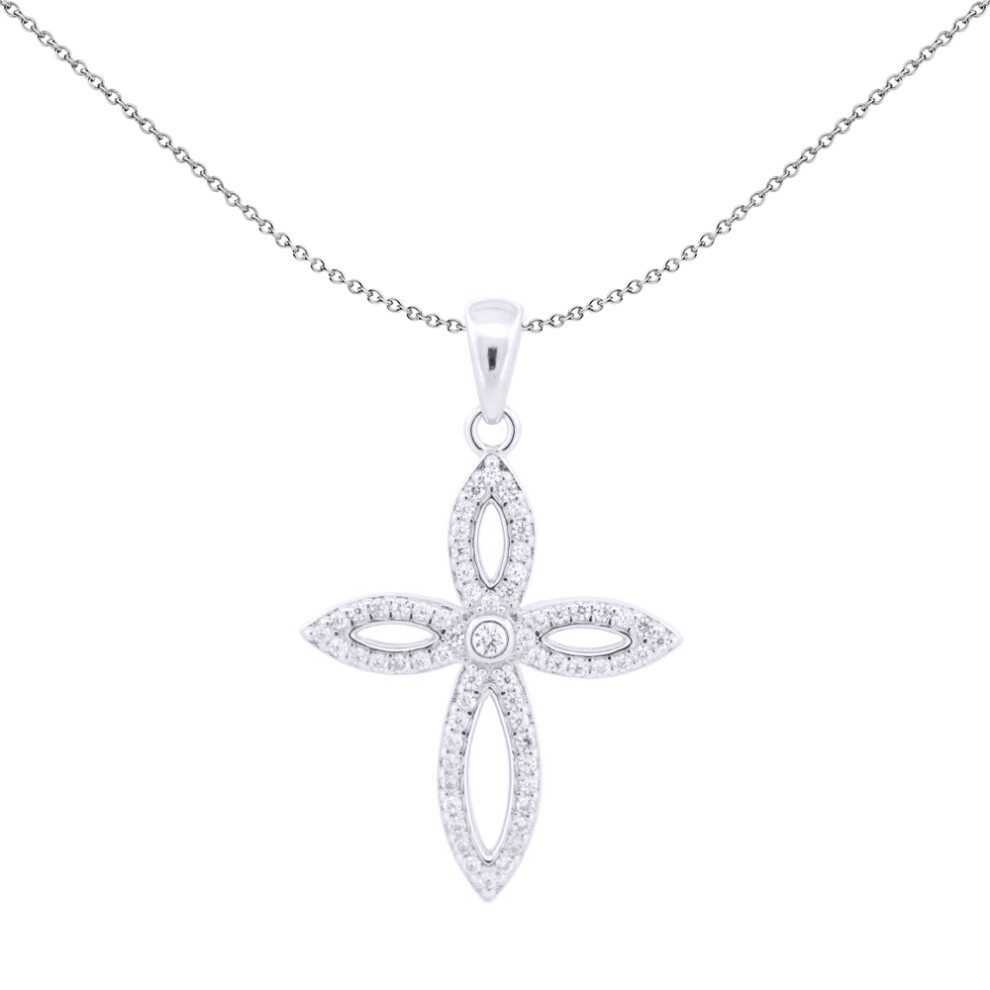 Silver  Round CZ Fleur De Lis Marquise Cross Pendant - APX054