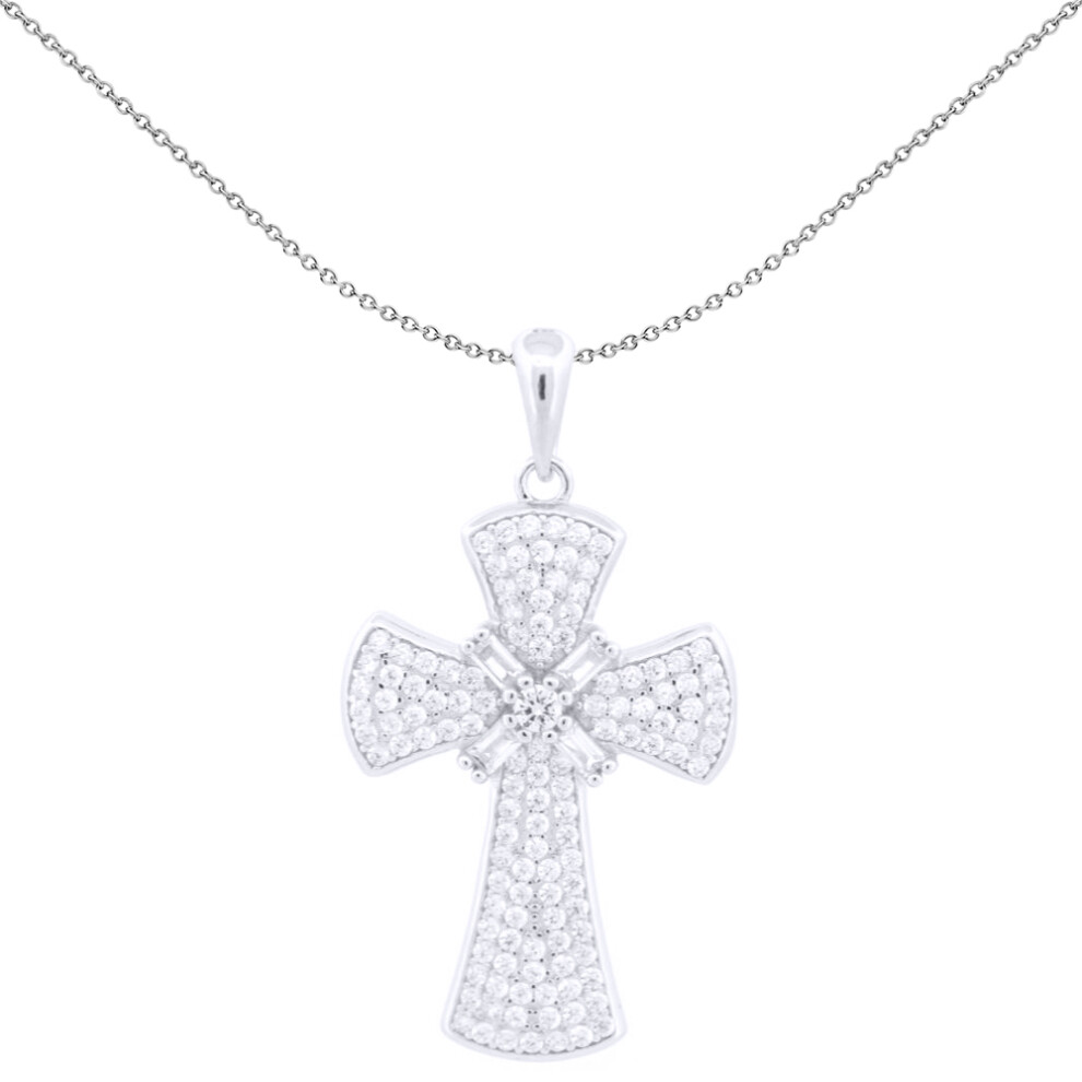 Jewelco London Unisex Rhodium Silver White Baguette CZ Encrusted Byzantine Cross Pendant - APX056