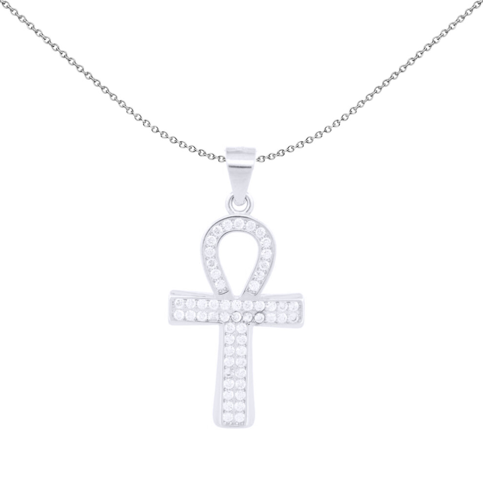 Silver  Round CZ Encrusted Ankh Cross Pendant - APX055