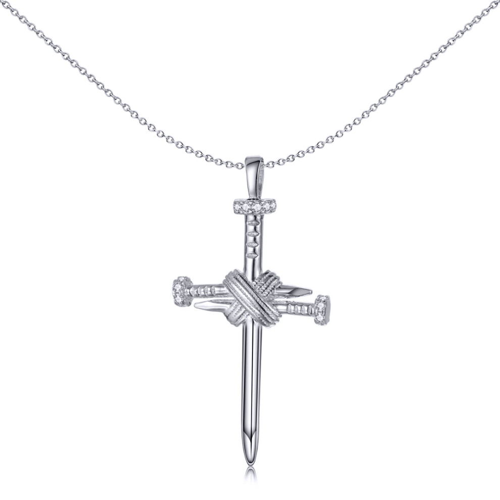 Jewelco London Unisex Rhodium Silver Wood Nail Offset Square Knot Cross Pendant - APX052