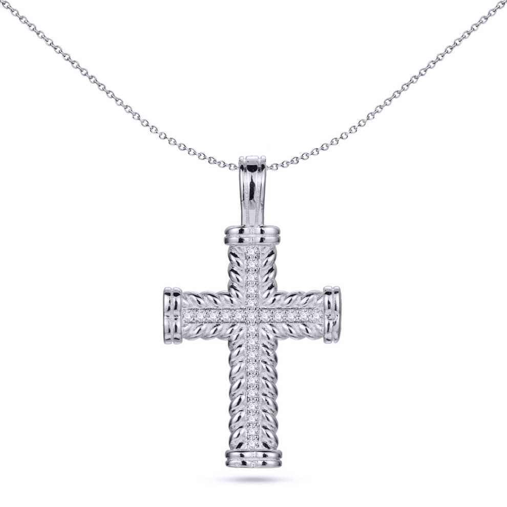 Silver  Round CZ Rope Edge Collared Cross Pendant - APX053