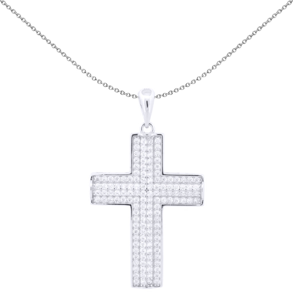 Jewelco London Unisex Rhodium Silver Round CZ Encrusted Block Latin Cross Pendant - APX058