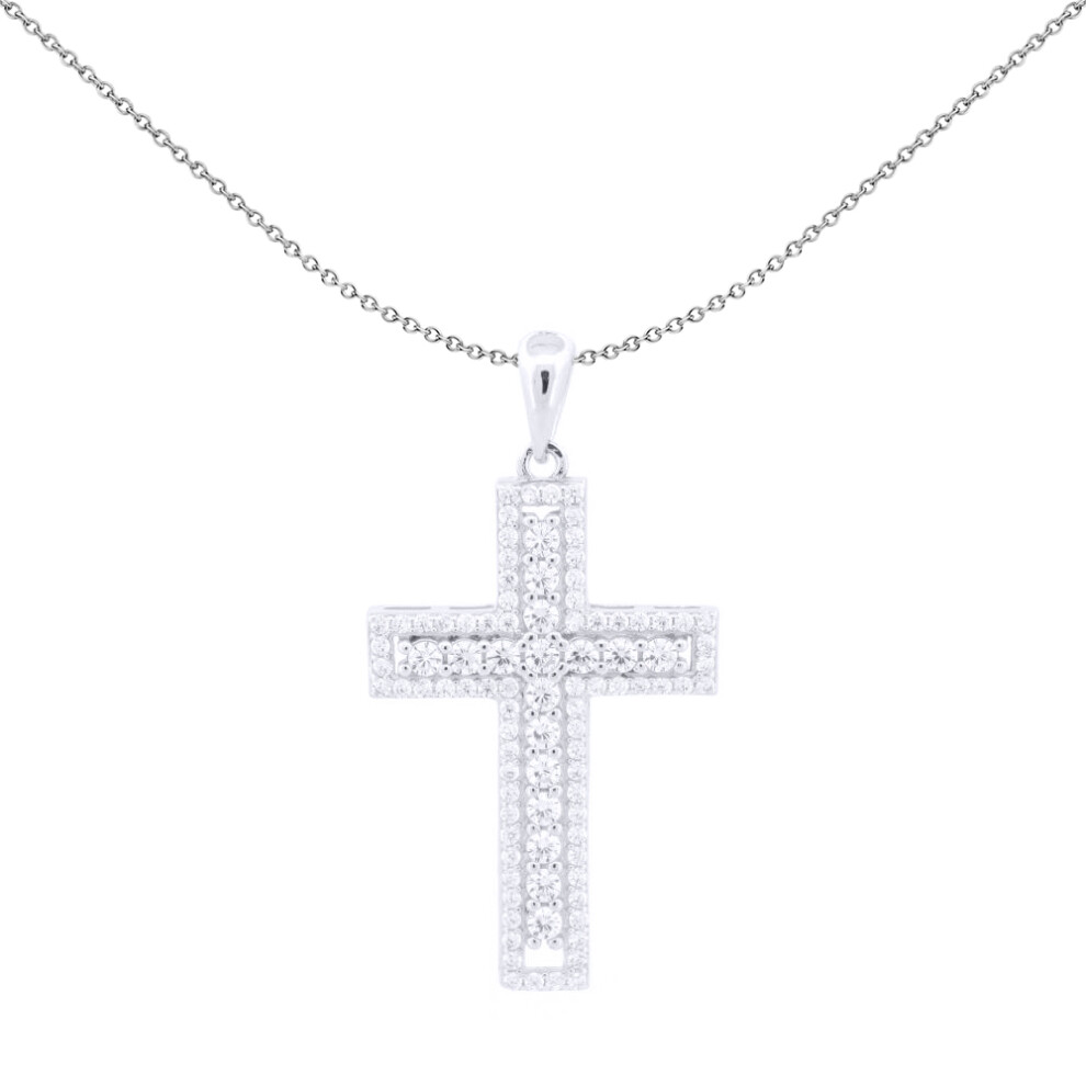 Jewelco London Unisex Rhodium Silver Round CZ Encrusted Latin Cross Pendant - APX060