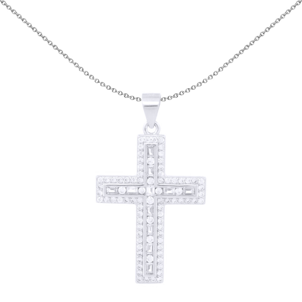 Silver  White Baguette CZ Encrusted Latin Cross Pendant - APX059