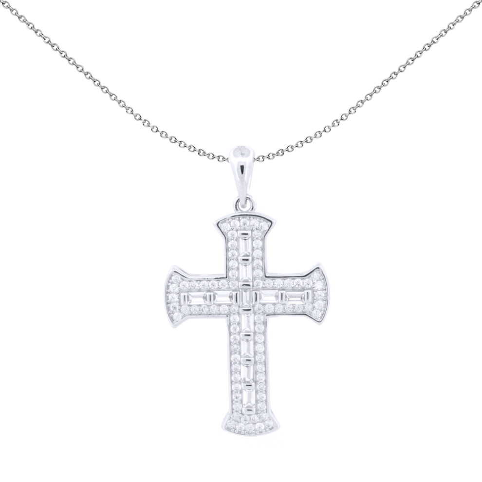 Silver  Baguette CZ Encrusted Fan End Latin Cross Pendant - APX061