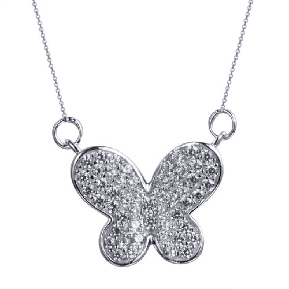 Jewelco London Rhodium Silver Round CZ Rounded Cute Butterfly Clipart Pendant Necklace - ANC088