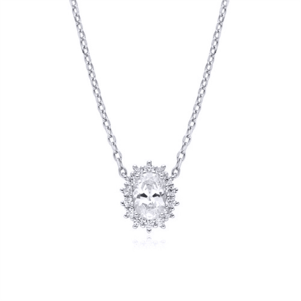 Jewelco London Rhodium Silver White Oval CZ Princess Royal Engagement Cluster Pendant Necklace - ANC090