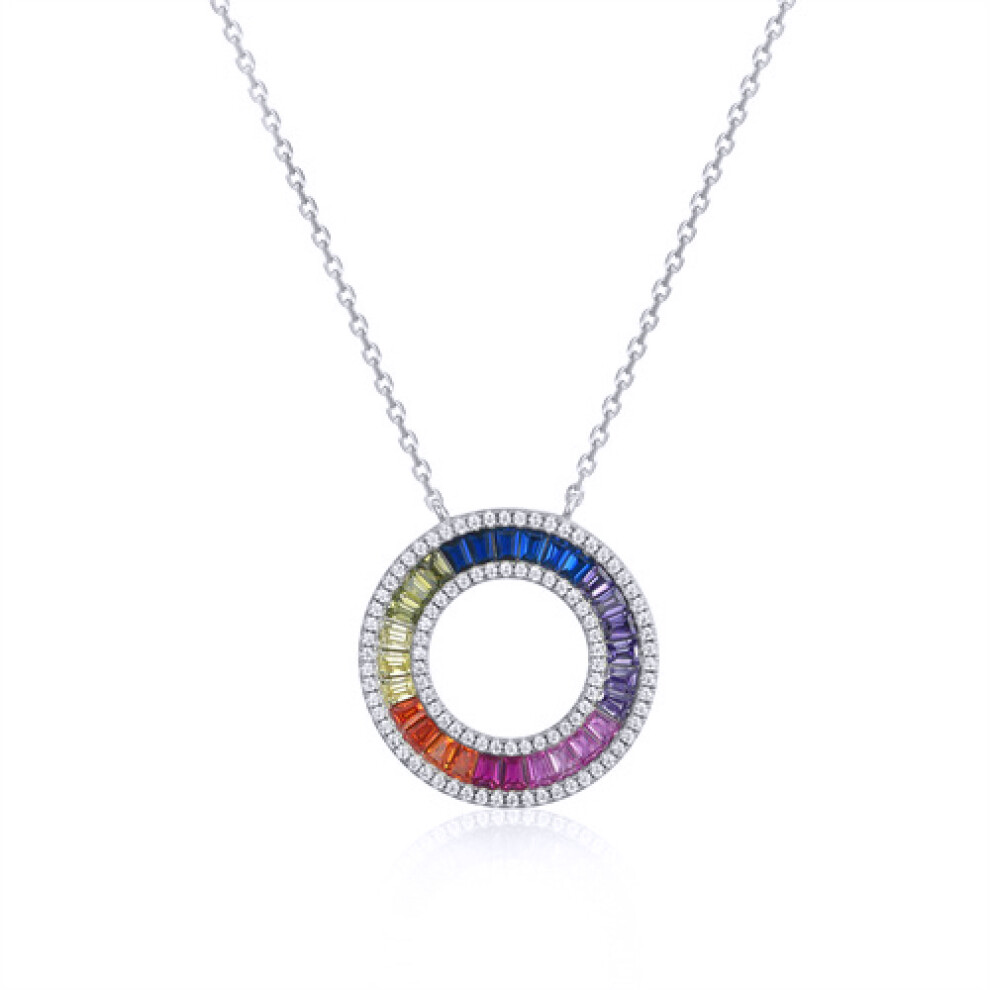 Silver  Rainbow  CZ Double Halo Circle of Life Pendant Necklace - ANC093