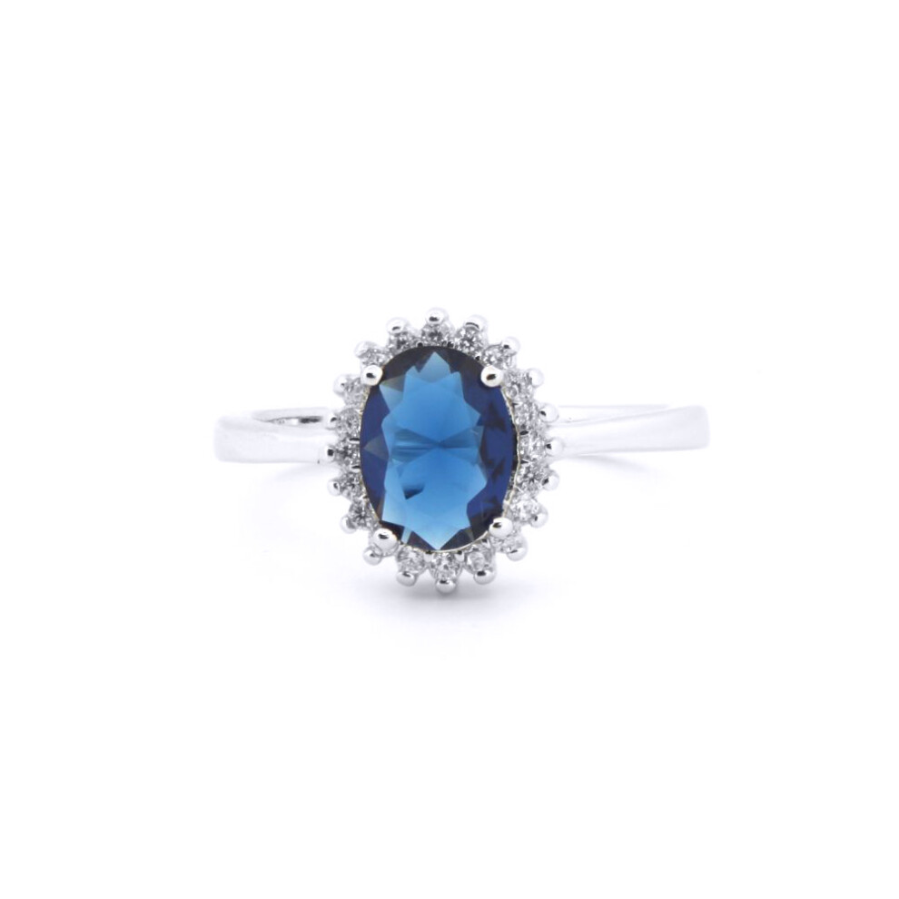 (Q) Jewelco London 925 Silver Rhodium CZ Set Oval Cluster Sapphire Blue Centre - ARN189B