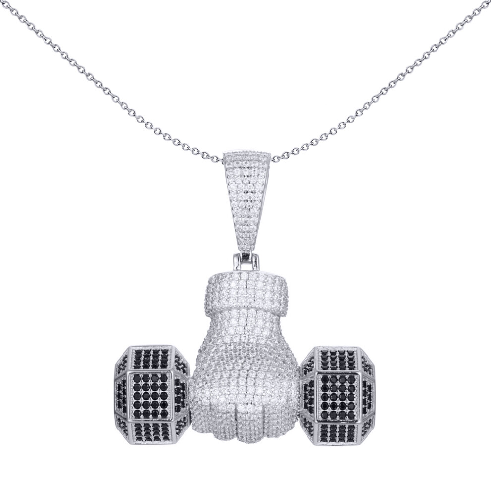 Jewelco London Men's Rhodium Silver Black CZ Hand Holding Hex Dumbell Free Weight Charm Pendant 1oz - APD170