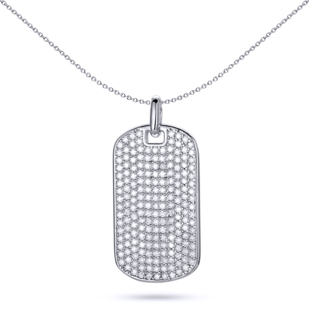 Jewelco London Men's Rhodium Silver Round CZ Encnrusted Rounded Corner Dog Tag Charm Pendant - APD172