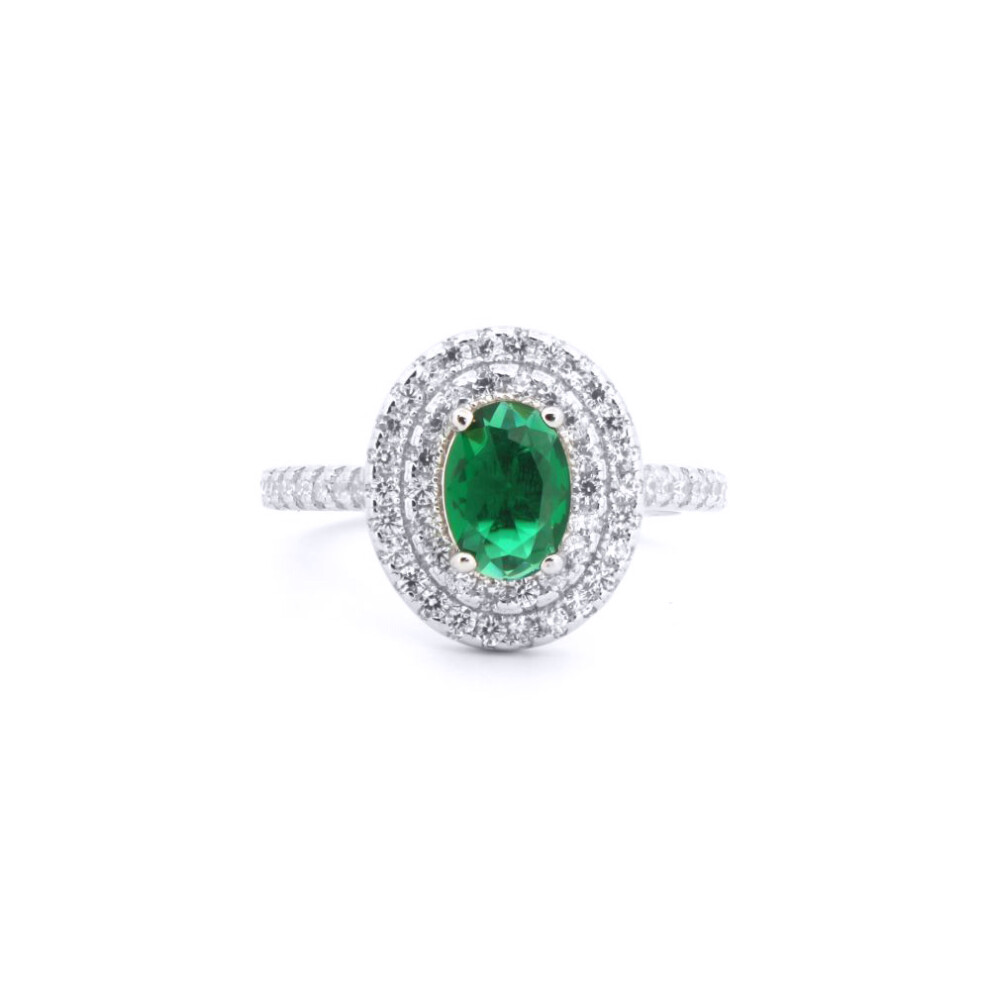 (J) Jewelco London 925 Silver Rhodium CZ Set Oval Cluster Emerald Green Centre - ARN187G