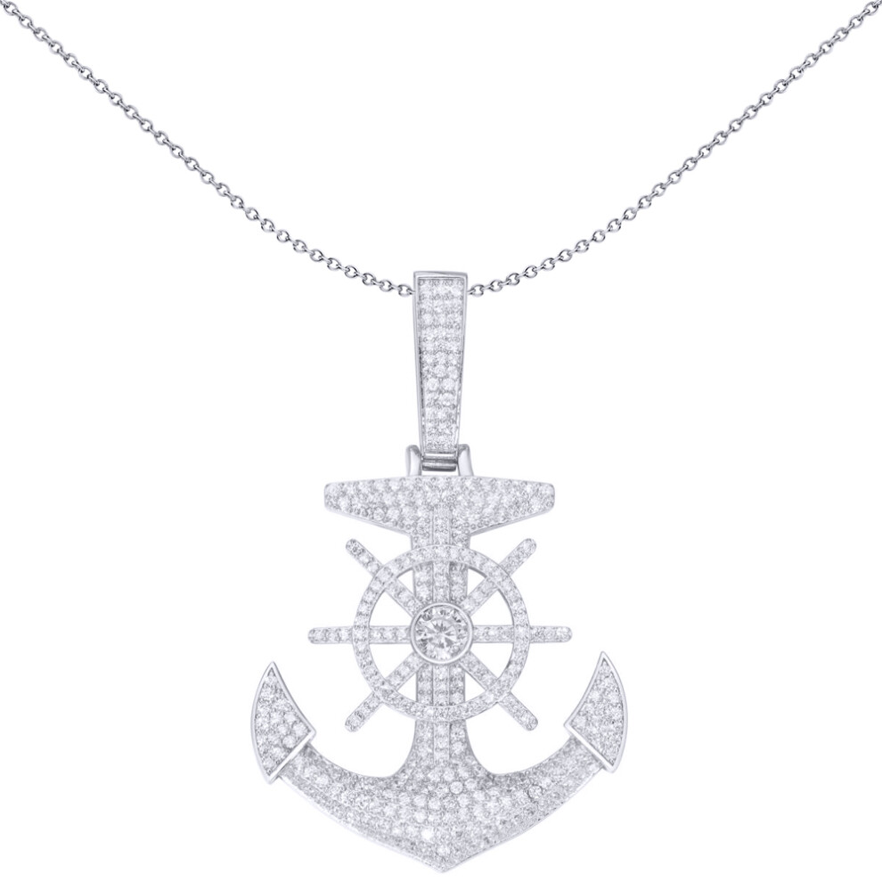 Jewelco London Men's Rhodium Silver Round CZ Pirate Ship Wheel Anchor Charm Pendant ½oz - APD176