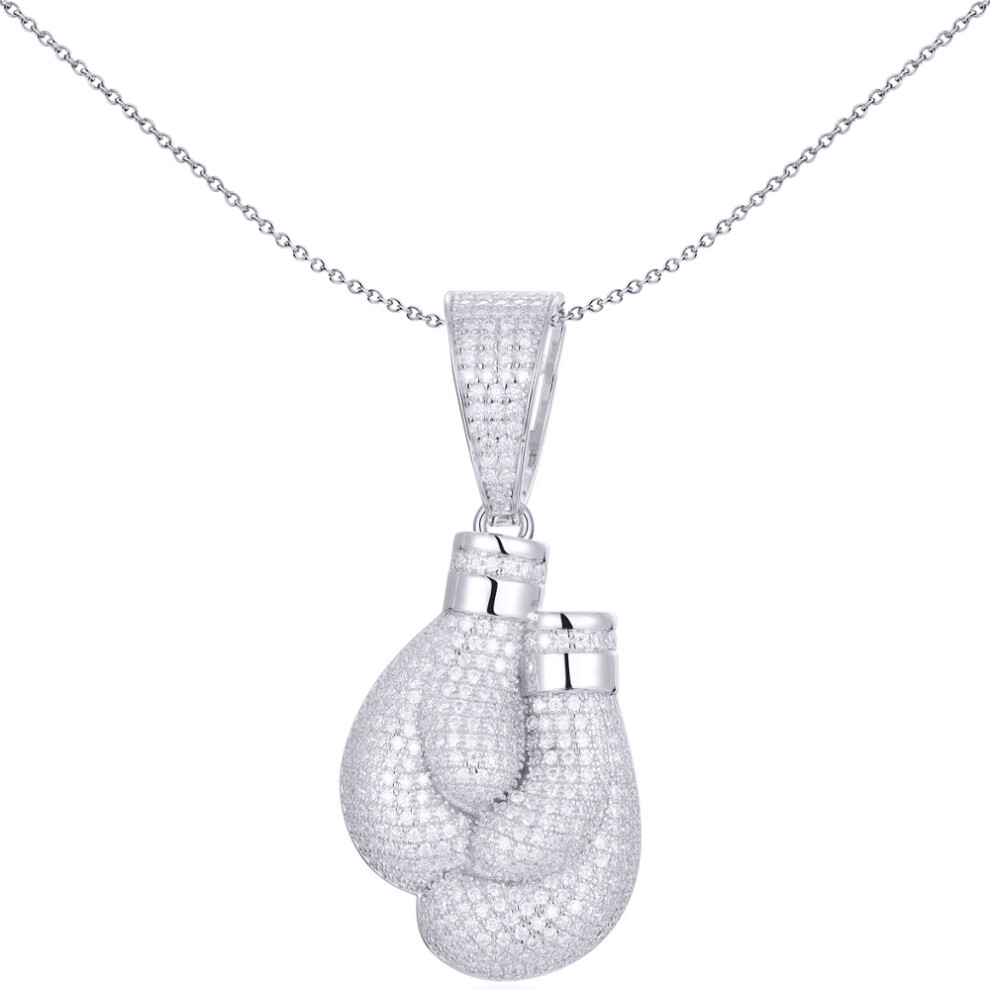 Jewelco London Men's Rhodium Silver Round CZ Folded Boxing Glove Pair Charm Pendant - APD178