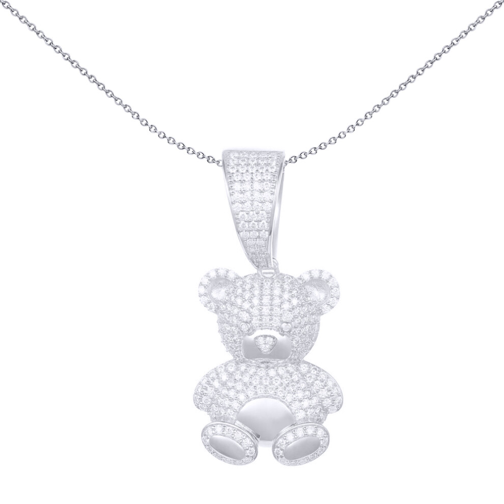 Jewelco London Unisex Rhodium Silver Round CZ Cute Fluffy Teddy Bear Charm Pendant - APD183