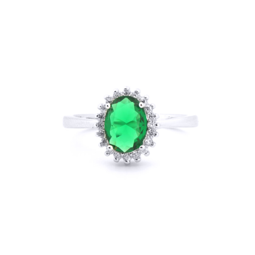 (J) Jewelco London 925 Silver Rhodium CZ Set Oval Cluster Emerald Green Centre - ARN189G