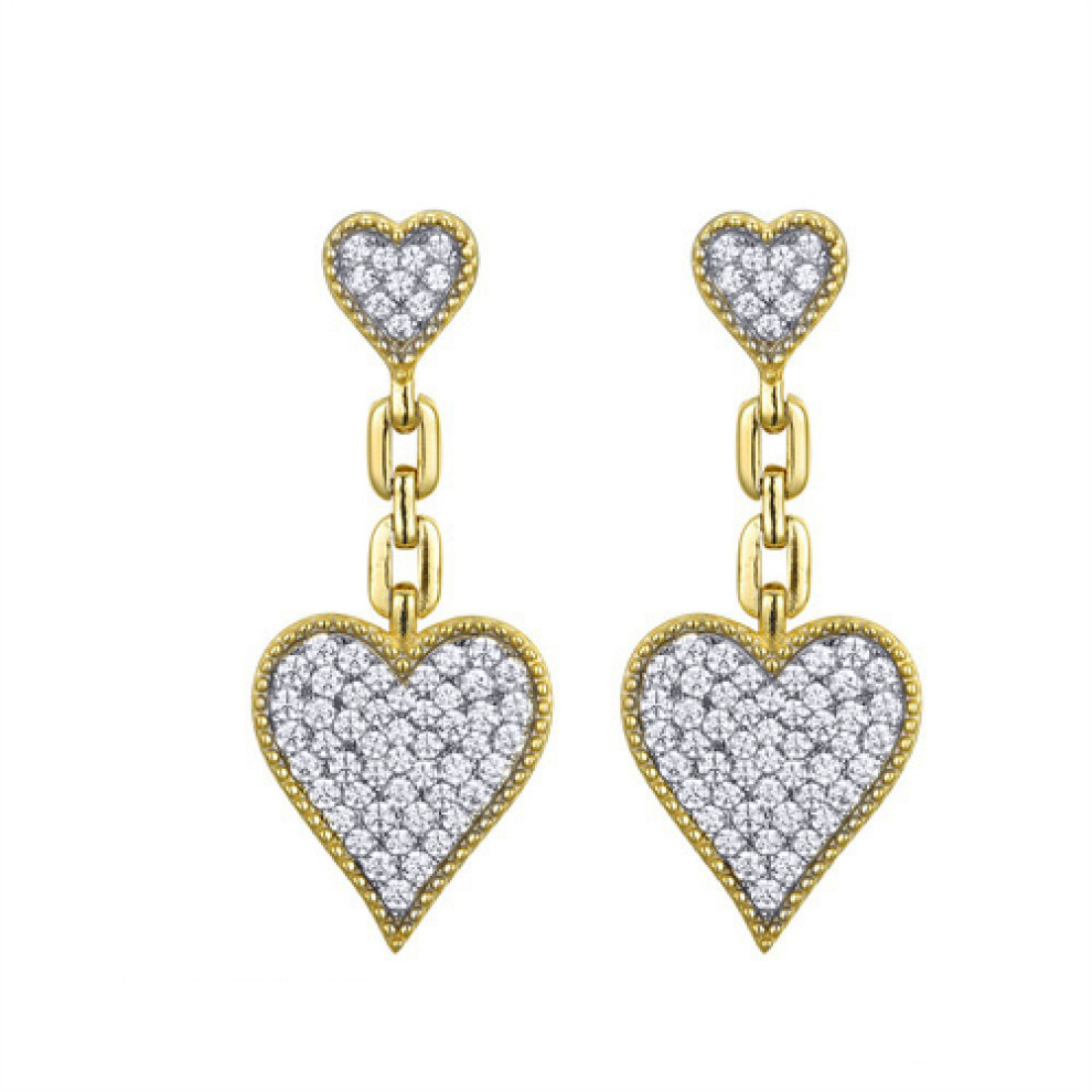 Gold-plated Silver  CZ Double Bead Edge Love Heart Drop Earrings - AES245