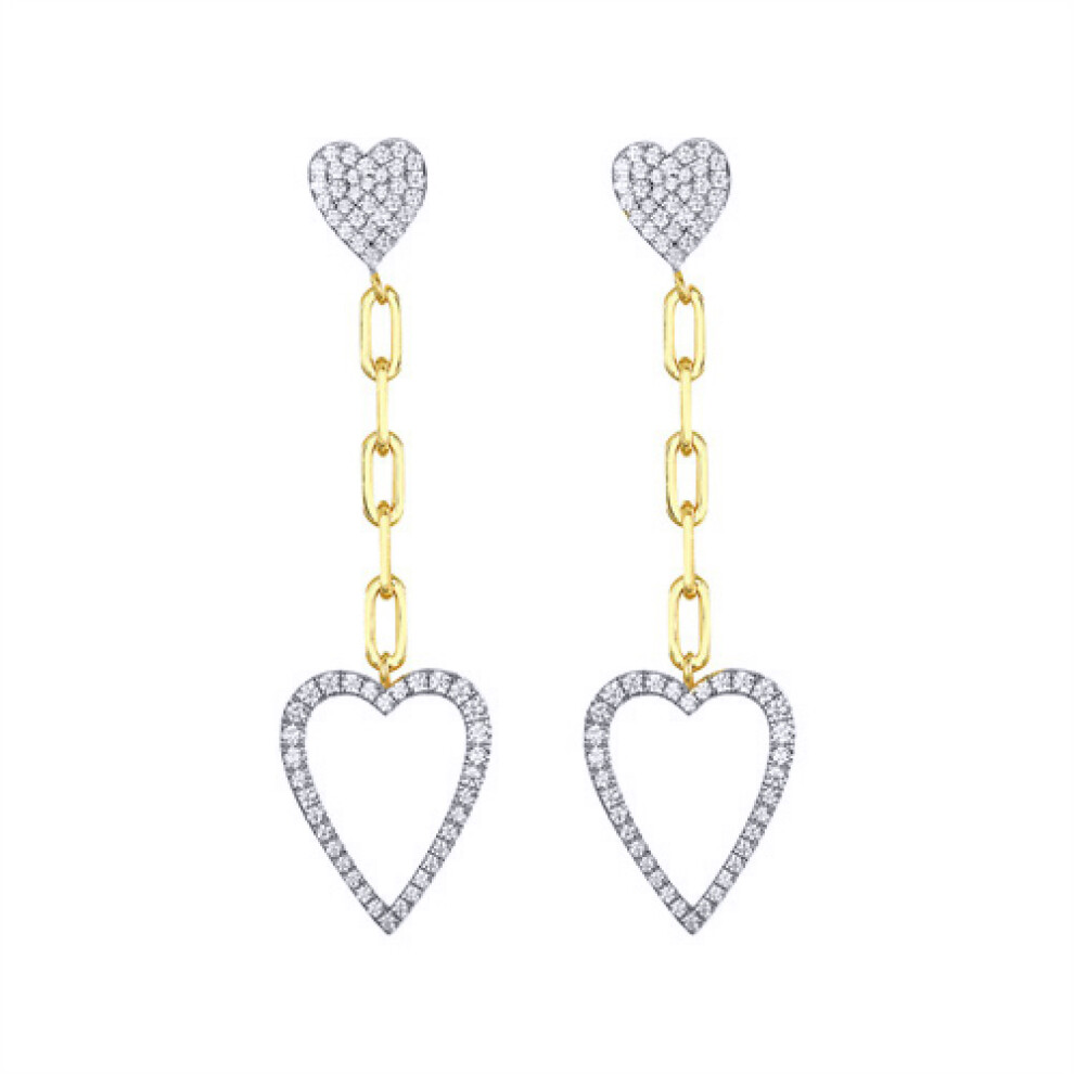 Gold-plated Silver  CZ Double Love Heart Cable Chain Drop Earrings - AES246