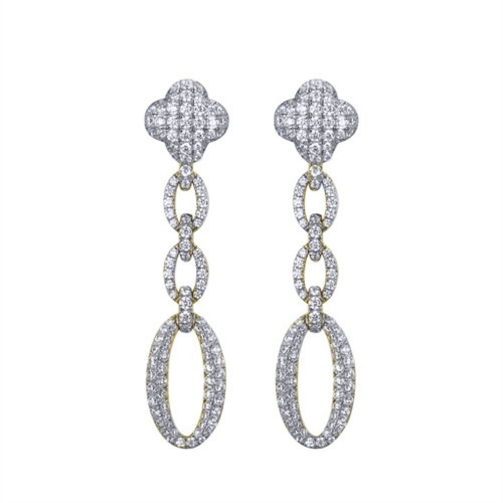 Gold-plated Silver  CZ Encrusted Oval Link Clover Drop Earrings - AES247