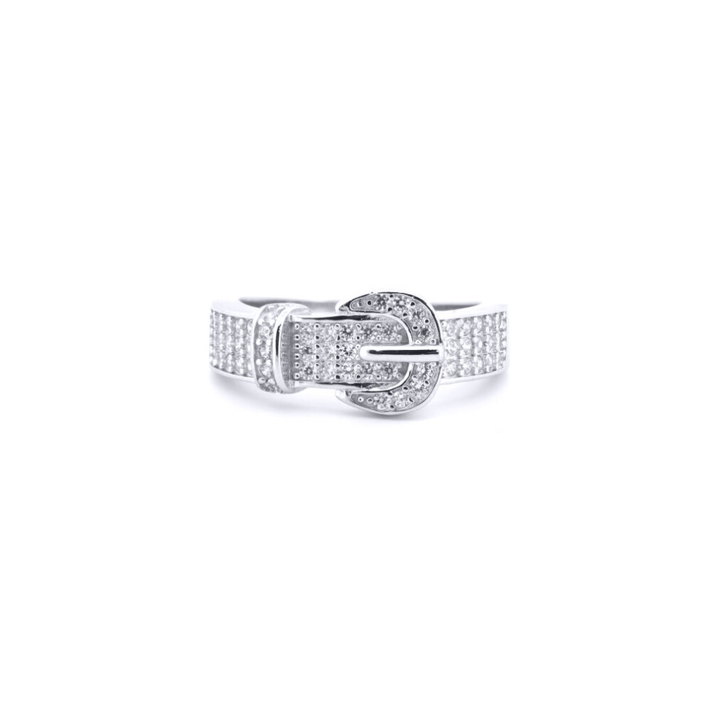 (J) Jewelco London 925 Silver Rhodium CZ Set Buckle Ring - ARN180