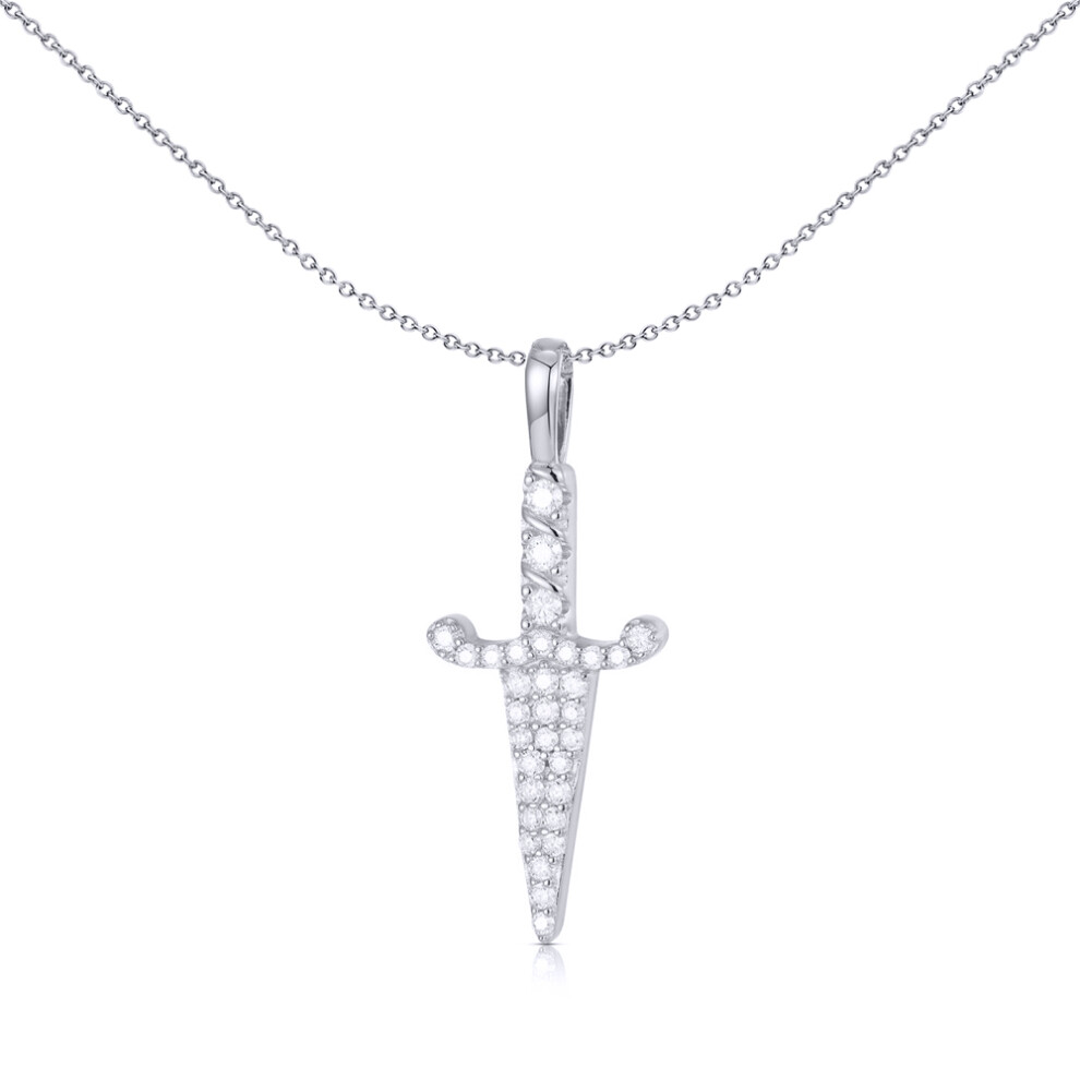 Jewelco London Men's Rhodium Silver Round CZ Ceremonial Dagger Charm Pendant - APD196