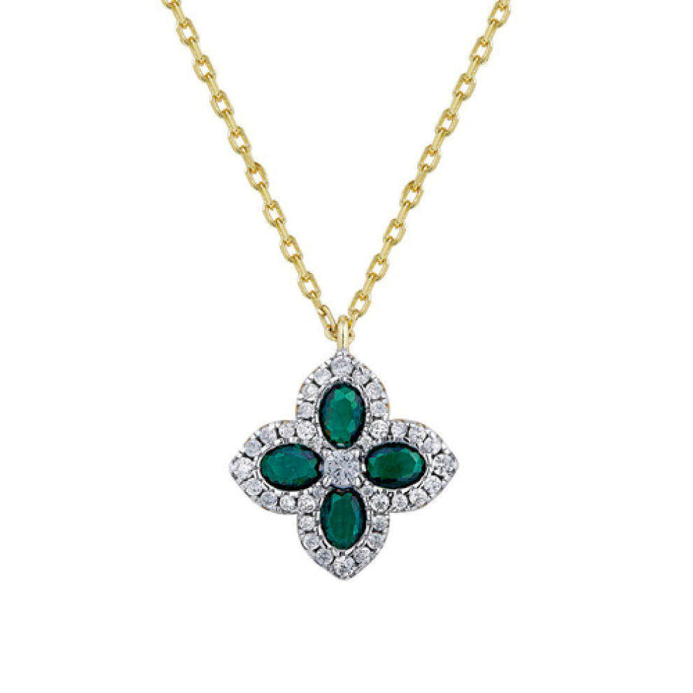 Gold-plated Silver  Green CZ Pointed Quatrefoil Clover Necklace - ANC074G