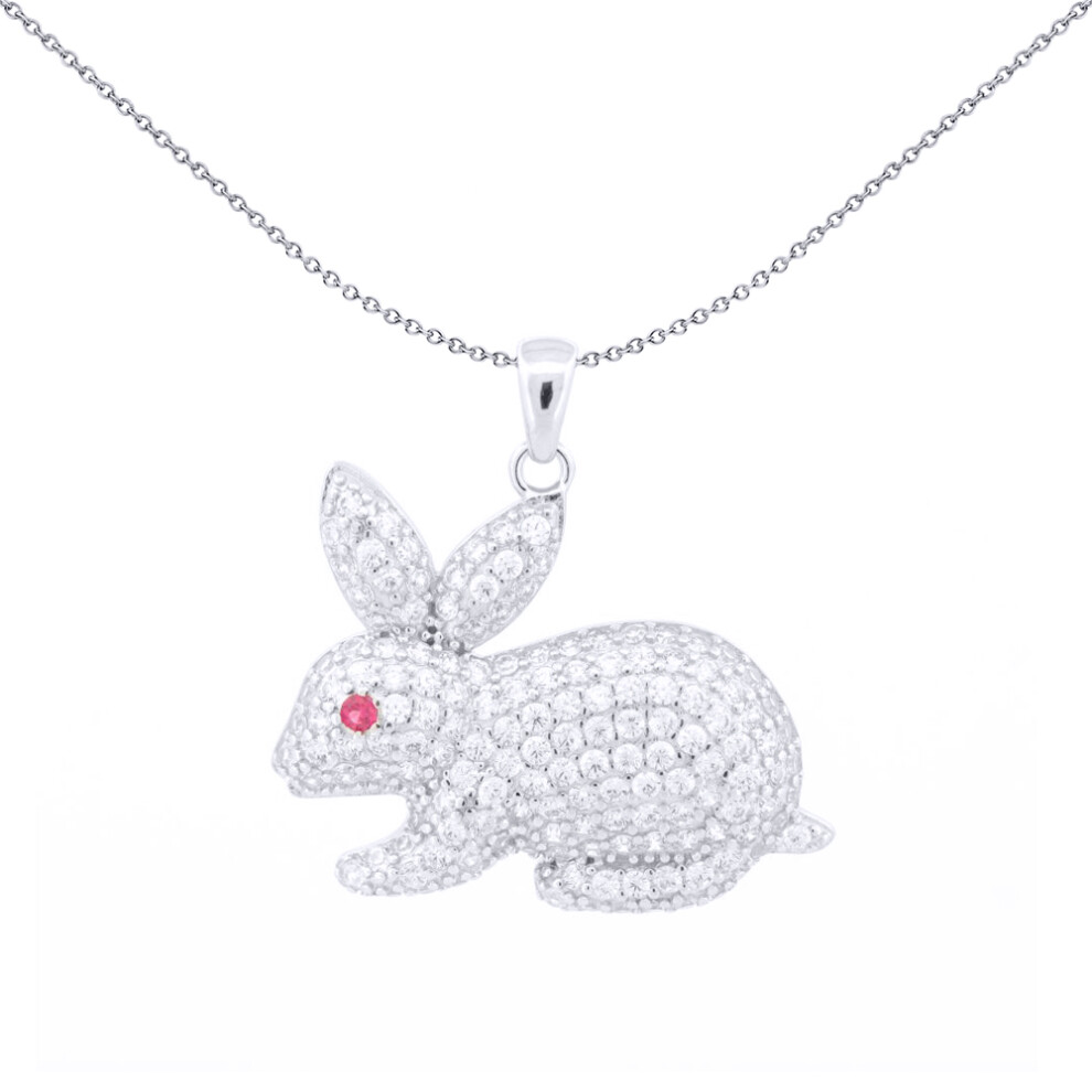 Jewelco London Rhodium Silver Red Round Brilliant CZ Fluffy Bunny Rabbit Charm Pendant - APD205