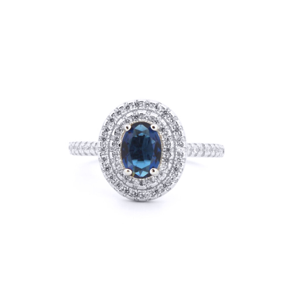 (K) Jewelco London 925 Silver Rhodium CZ Set Oval Cluster Sapphire Blue Centre - ARN187B