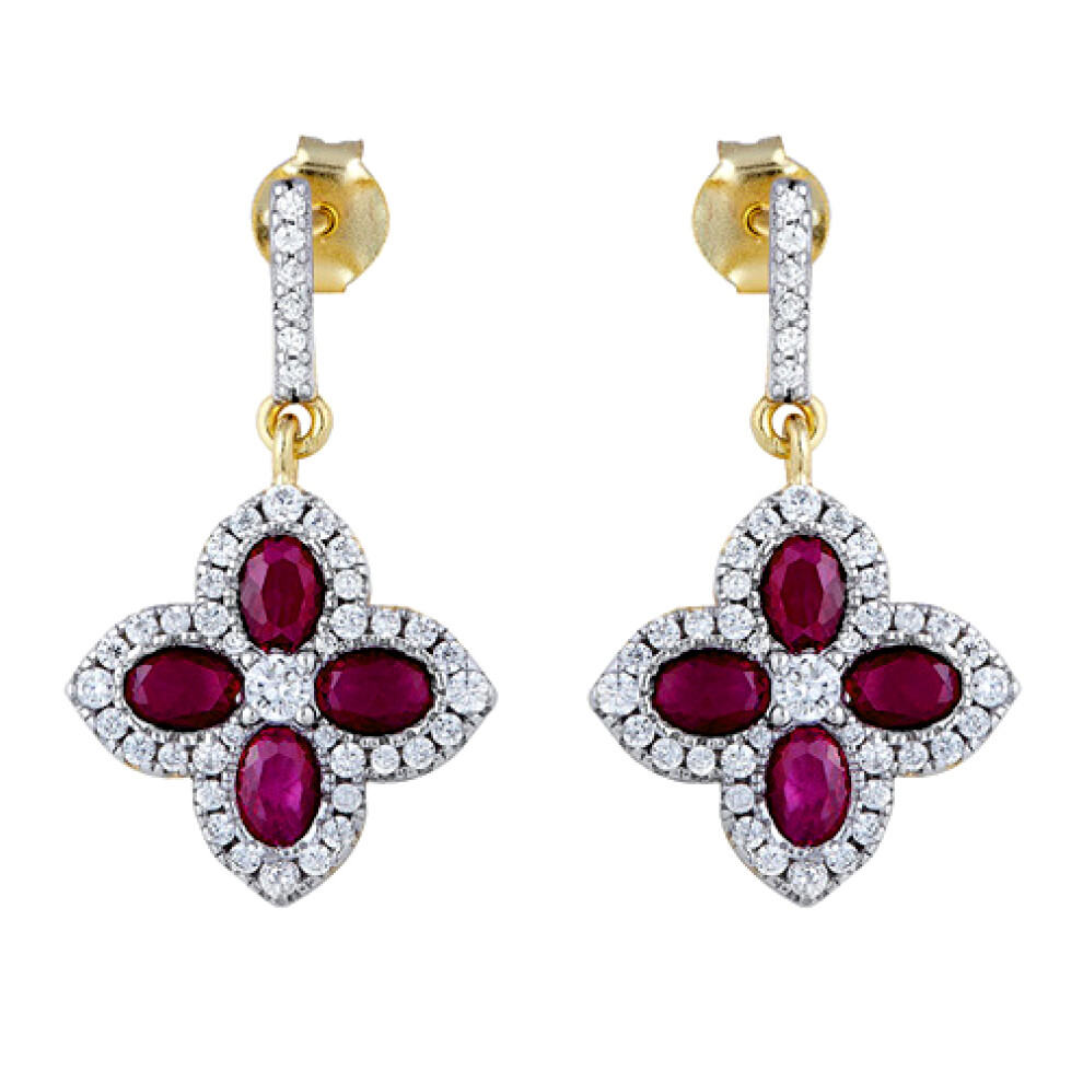 Gold-plated Silver  Red Oval CZ Quatrefoil Clover Drop Earrings - AES226R