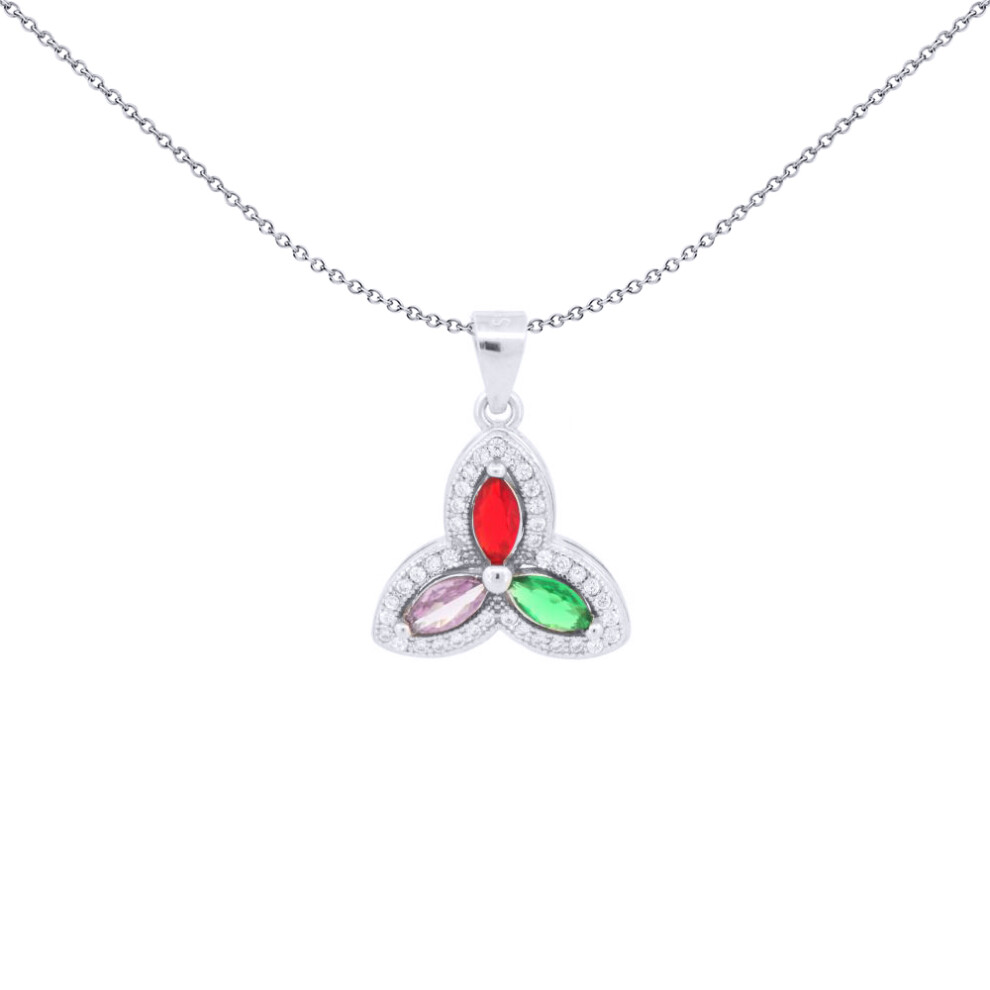 Jewelco London Rhodium Silver Red Green Lilac Marquise CZ Pointed Trefoil Trilogy Charm Pendant - APD224