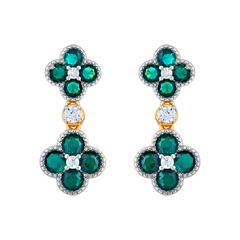 Gold-plated Silver  Green CZ Double Clover Solitaire Drop Earrings - AES229G