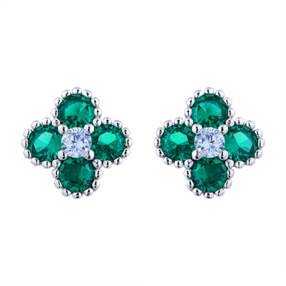 Silver  Green CZ Bead Edge Clover Cluster Stud Earrings - AES230G