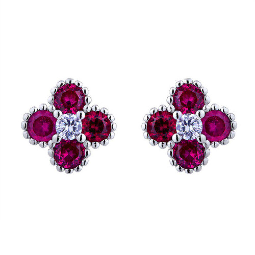 Silver  Red CZ Bead Edge Clover Cluster Stud Earrings - AES230R