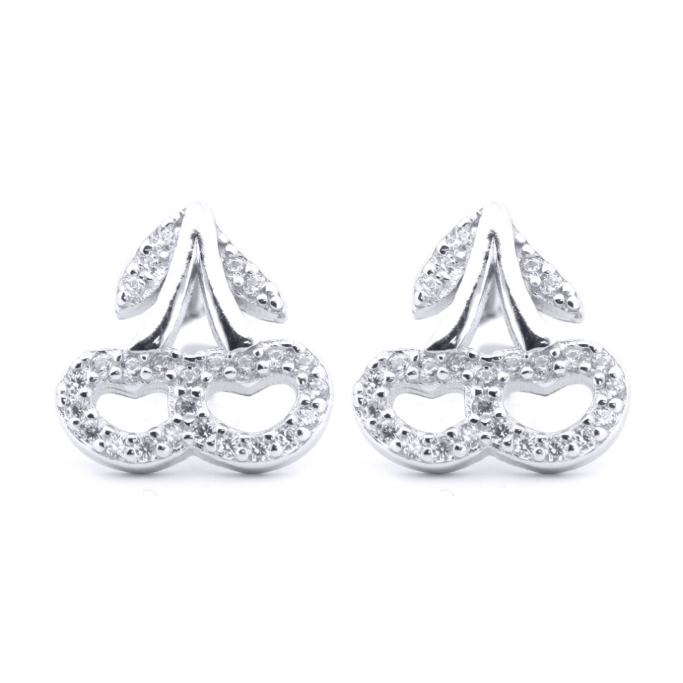 Silver  Round CZ Love Heart Cherry Pair Drops Stud Earrings - AES199