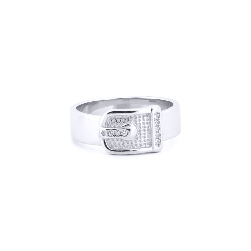 (J) Jewelco London 925 Silver Rhodium CZ Set Buckle Ring - ARN176