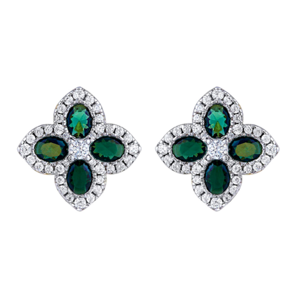 Gold-plated Silver  Green Oval CZ Quatrefoil Clover Stud Earrings - AES227G