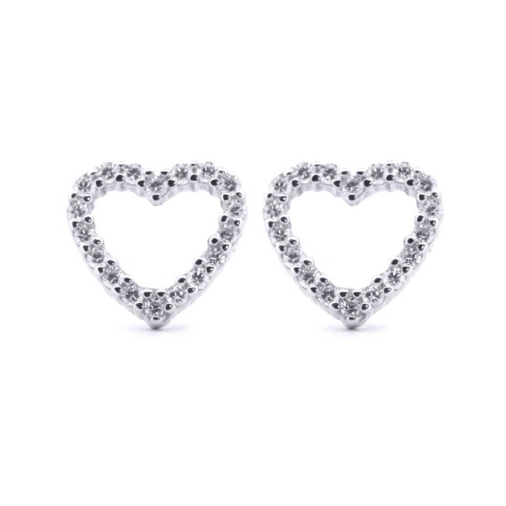 Silver  Round CZ Open Love Heart Halo Stud Earrings - AES170